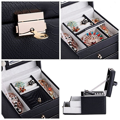 Collage de 4 photos de détails de la boîte à bijoux en cuir à double tiroirs (compartiments supérieurs)