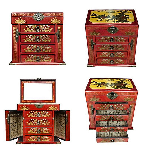 Collage de 4 photos de différentes vues de la boîte à bijoux originale rouge à 4 tiroirs (avec compartiments et tiroirs ouverts)