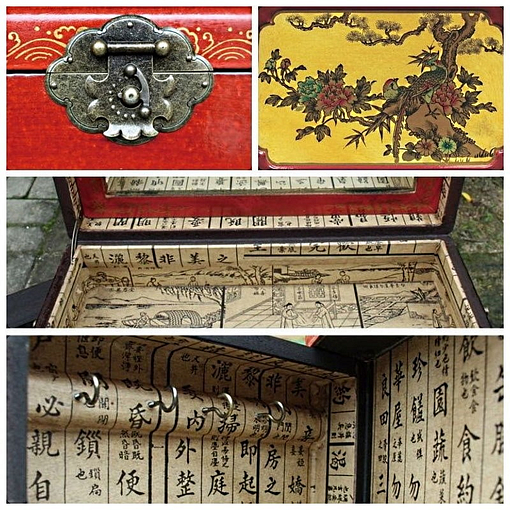 Collage de 4 photos de détails de la boîte à bijoux originale rouge à 4 tiroirs (fermoir, plateau supérieur, couvercle et porte latérale)