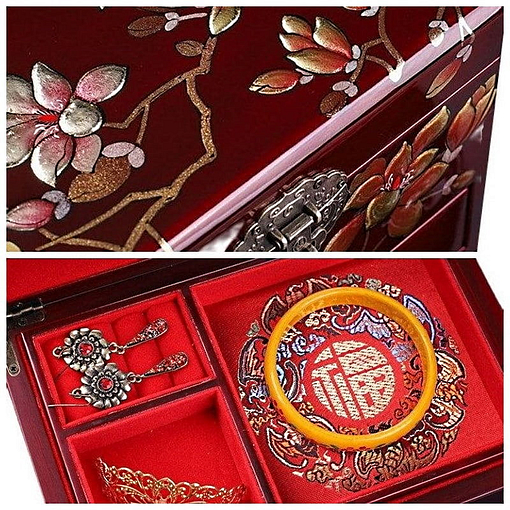 Vue de détail de la boîte à bijoux originale rouge 'arbre en fleurs' (couvercle et compartiment)