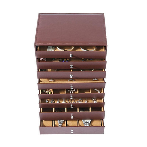 Vue de face de la grande boîte à bijoux 8 étages en cuir marron (ouverte)