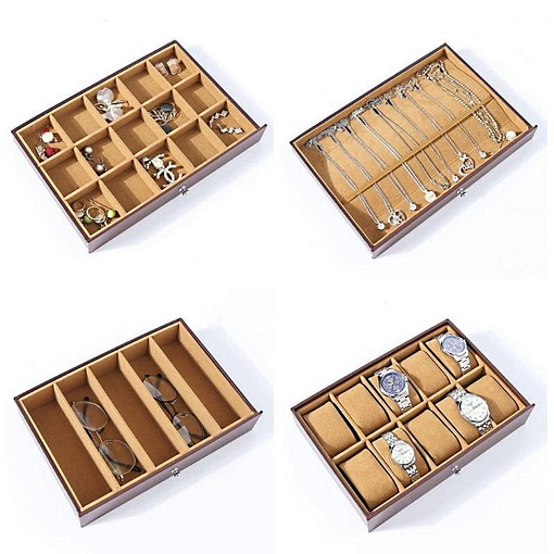 Collage des photos des 4 derniers tiroirs de la grande boîte à bijoux 8 étages en cuir marron