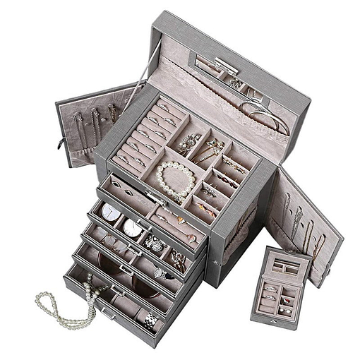 Vue aérienne de la grande boîte à bijoux en cuir à 5 tiroirs gris (ouverte)