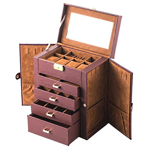 Vue de 3/4 de la grande boîte à bijoux en cuir marron à 4 tiroirs (ouverte, sans bijoux)