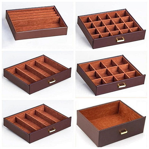 Compartiments de la grande boîte à bijoux en cuir marron à 5 tiroirs