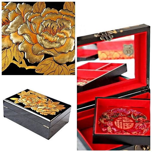 collage de 3 photos des détails de la boîte à bijoux originale 'or & jais' (motifs, compartiments et arrière)