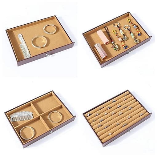 Collage des photos des 4 premiers tiroirs de la grande boîte à bijoux 8 étages en cuir marron