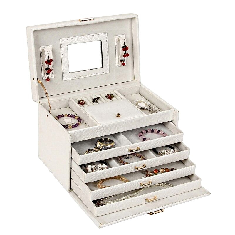 Vue de 3/4 de la boîte à bijoux en cuir à 4 tiroirs blanc (ouverte avec bijoux)