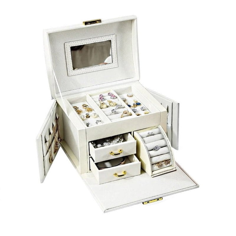 Boîte à bijoux en cuir blanc '2 tiroirs et porte-bagues' (présentée ouverte)
