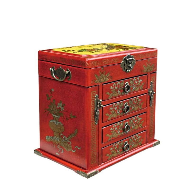 Vue de 3/4 de la boîte à bijoux originale rouge à 4 tiroirs (fermée)