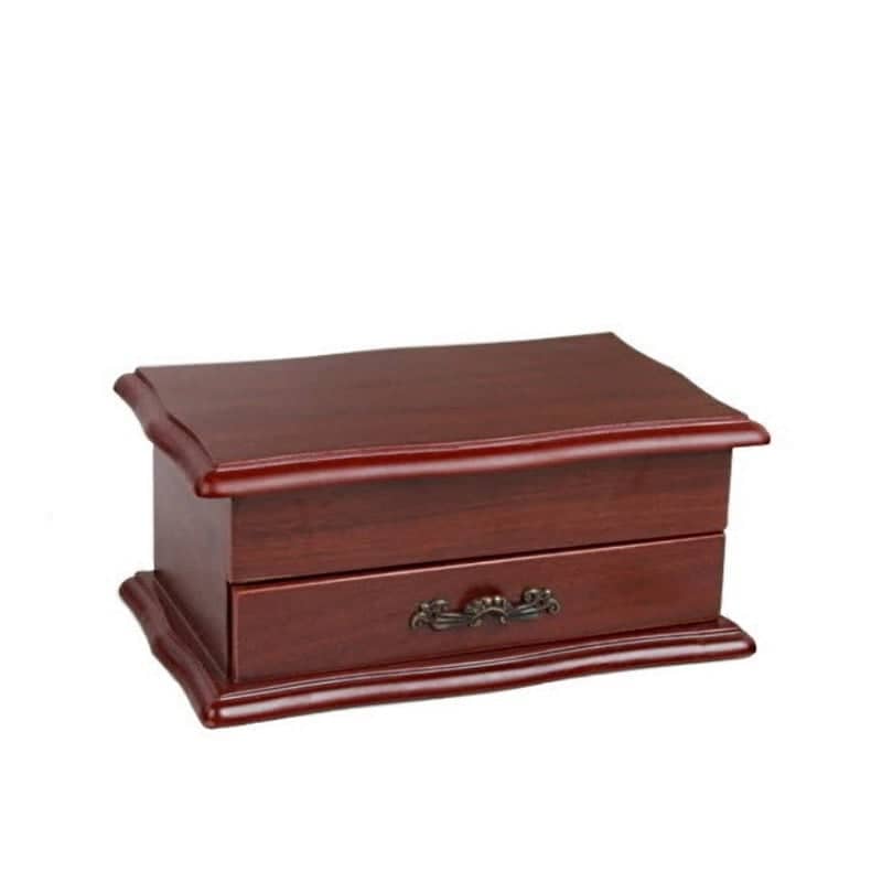 Vue de 3/4 de la boîte à bijoux en bois sarcophage à tiroir (fermée)